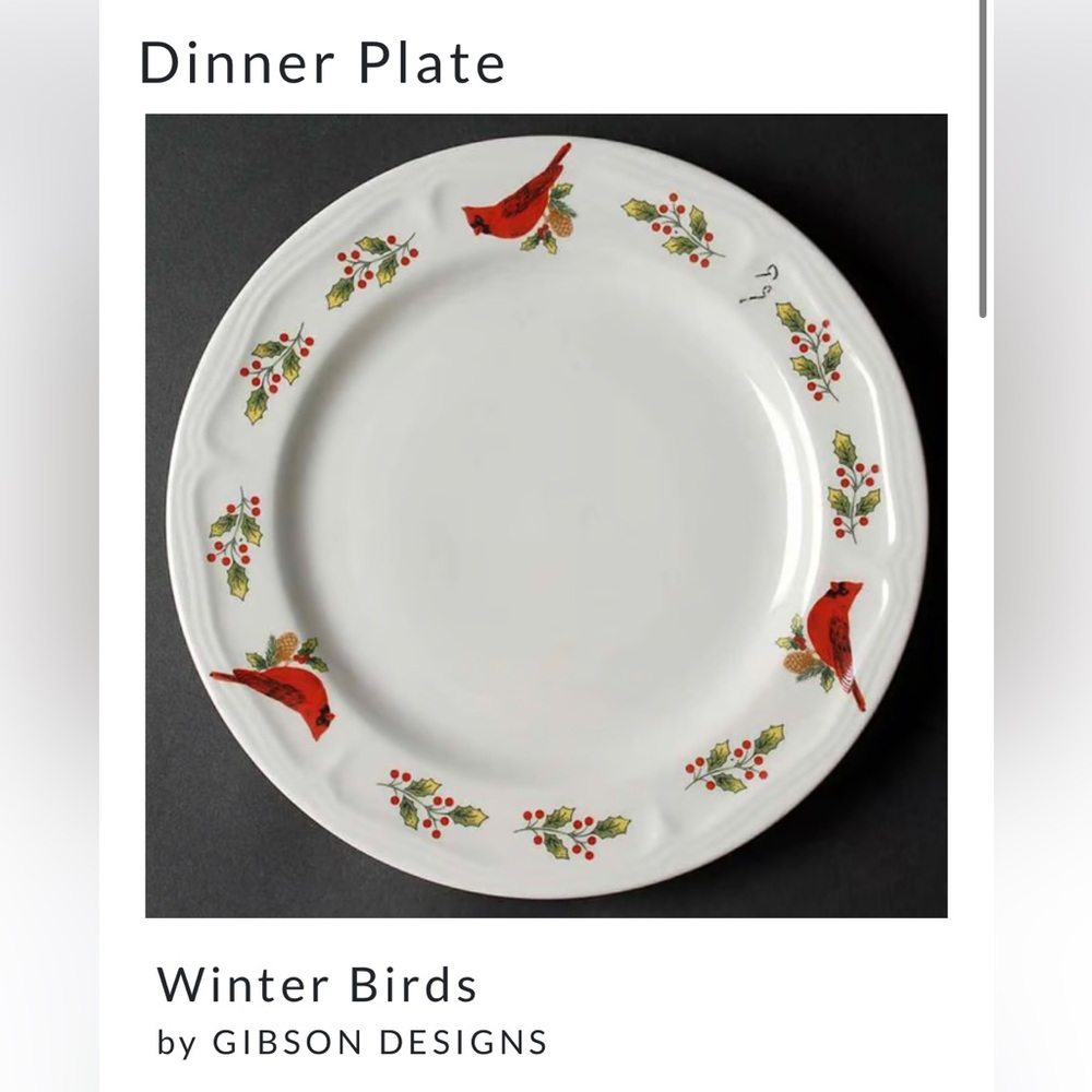 (1) Gibson WINTER BIRDS Dinner plate. 10- 1/8" Cardinal Christmas.